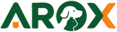 The AROX logo is centered on a plain white background. The wordmark is rendered in dark green and orange, with the letter O stylized as a dog head silhouette and the letter X shaped like a cat silhouette.