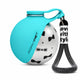 A round water bottle with a turquoise silicone sleeve on one side and a white lower half printed with black bow-tie motifs. A black-and-white braided carrying strap is attached, and the turquoise cap is shown open.